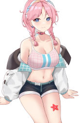 Rule 34 | 1girl, absurdres, arknights, bare shoulders, blue eyes, blue poison (arknights), blue poison (shoal beat) (arknights), blue shorts, braid, breasts, camisole, choker, cleavage, collarbone, commentary, crop top, earrings, hairband, highres, jacket, jewelry, long hair, long sleeves, medium breasts, midriff, navel, off shoulder, official alternate costume, open clothes, open jacket, pink choker, pink hair, short shorts, shorts, simple background, sitting, solo, spaghetti strap, sports bra, starfish, stomach, takeawatch, thighs, twin braids, white background, white jacket