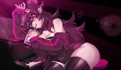 Rule 34 | 1girl, absurdres, black hair, breasts, cleavage, curvy, double bun, dress, elizabeth von mountbatten (osiimi), fang, hair bun, hair ornament, highres, huge breasts, indie virtual youtuber, instrument, jacket, long hair, looking at viewer, merryweather, messy hair, off shoulder, osiimi, pale skin, piano, pointy ears, ribbed dress, sitting, solo, thick thighs, thighhighs, thighs, vampire, virtual youtuber, wide hips