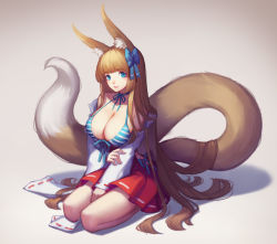 Rule 34 | 1girl, absurdres, animal ears, bikini, bikini top only, blonde hair, bow, breasts, cleavage, crimson k night, female focus, fox ears, fox tail, gradient background, hair bow, helic (7317helic), highres, hime cut, huge breasts, japanese clothes, large breasts, long hair, original, parted lips, seiza, sitting, smile, solo, striped bikini, striped bikini top, striped clothes, swimsuit, tail, thighhighs, very long hair, zettai ryouiki