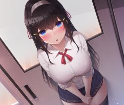 Rule 34 | 1girl, black hair, black skirt, blue eyes, blush, breasts, collared shirt, commentary request, covered erect nipples, door, doorway, hair ornament, hair ribbon, hairband, hairclip, heart, heart-shaped pupils, highres, large breasts, long hair, looking at viewer, open mouth, original, own hands together, pleated skirt, ribbon, school uniform, shirt, simple background, skirt, standing, symbol-shaped pupils, teeth, thighhighs, toyosaki shu, uniform, upper teeth only, very long hair, white shirt