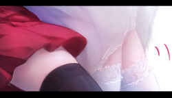 Rule 34 | 2girls, absurdres, black legwear, dress, highres, lace, lace-trimmed legwear, lace trim, letterboxed, lower body, multiple girls, original, out of frame, pleated skirt, red skirt, shimmer, simple background, skirt, thighhighs, white background, white dress, white legwear, yuri
