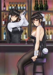 Rule 34 | 2girls, absurdres, alternate costume, animal ear fluff, animal ears, arm at side, arms up, ass, atago (azur lane), azur lane, bar (place), bar stool, bare shoulders, bbdaoa (1446759744), black bow, black hair, black legwear, black leotard, black neckwear, black vest, bottle, bow, bowtie, breasts, closed eyes, closed mouth, cocktail shaker, commentary request, cup, detached collar, drink, fake tail, feet out of frame, from side, gloves, hair bow, hair ribbon, high ponytail, highres, indoors, large breasts, leotard, long hair, long sleeves, looking at viewer, looking to the side, multiple girls, pantyhose, parted lips, playboy bunny, rabbit tail, red eyes, ribbon, shirt, sitting, stool, strapless, strapless leotard, tail, takao (azur lane), v-shaped eyebrows, very long hair, vest, white bow, white gloves, white ribbon, white shirt, wrist cuffs