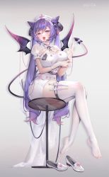 Rule 34 | 1girl, breasts, demon tail, demon wings, feet, genshin impact, hat, highres, horns, keqing (genshin impact), large breasts, long hair, looking at viewer, melailai, nurse, nurse cap, open mouth, purple eyes, purple hair, see-through, see-through legwear, shoes, unworn shoes, sitting, soles, stool, syringe, tail, toes, tongue, tongue out, twintails, white legwear, wings