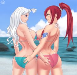 Rule 34 | 2girls, ass, ass grab, bare shoulders, bikini, blue eyes, blush, breasts, butt crack, deep skin, erza scarlet, fairy tail, from behind, large breasts, long hair, mirajane strauss, multiple girls, ponytail, red eyes, red hair, rocky-ace, shiny skin, sideboob, smile, swimsuit, tattoo, white hair, yuri