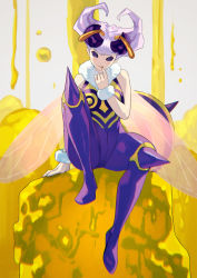 Rule 34 | 1girl, antennae, arthropod girl, bee girl, breasts, capcom, commentary request, full body, highres, insect girl, insect wings, looking at viewer, medium breasts, monster girl, pantyhose, purple hair, q-bee, short hair, sitting, solo, vampire (game), wings, yagi2013