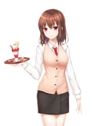 Rule 34 | 1girl, absurdres, breasts, brown eyes, brown hair, commentary request, hair between eyes, highres, holding, holding plate, ice, long sleeves, looking at viewer, medium breasts, medium hair, necktie, original, partial commentary, pencil skirt, plate, red necktie, sarika, serving, shirt, simple background, skirt, smile, solo, spoon, white background, white shirt