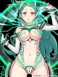 Rule 34 | 1girl, arm up, bodysuit, breasts, copyright name, elbow gloves, gloves, green hair, groin, hair ornament, junketsu duelion, kanzaki mahiru, looking at viewer, mana (remana), mecha musume, navel, official art, red eyes, revealing clothes, see-through, solo, translation request