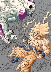 Rule 34 | 2boys, abs, anger vein, angry, blonde hair, blood, blood on face, blue footwear, boots, clenched hands, clenched teeth, cloud, cloudy sky, collarbone, destruction, dirty, dirty clothes, dirty face, dougi, dragon ball, dragonball z, dust, dutch angle, electricity, fingernails, floating rock, flying, frieza, from above, frown, furious, green eyes, grey background, grin, highres, lee (dragon garou), lightning, lightning bolt symbol, looking at another, looking down, male focus, monochrome, mountain, multiple boys, muscular, nipples, open mouth, partially colored, pectorals, profile, red eyes, rock, shaded face, shirt, simple background, sky, smile, son goku, spiked hair, super saiyan, super saiyan 1, teeth, torn clothes, torn legwear, torn shirt, v-shaped eyebrows, veins, wristband