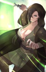 Rule 34 | 1girl, absurdres, alternate costume, breasts, brown eyes, brown hair, cleavage, collarbone, commentary request, commission, energy sword, fire emblem, fire emblem fates, green lightsaber, hair over one eye, highres, holding, holding lightsaber, holding weapon, hood, kagero (fire emblem), large breasts, lightsaber, long hair, long sleeves, looking at viewer, nintendo, partial commentary, peli cantaro, skeb commission, solo, star wars, sword, weapon