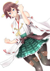 Rule 34 | 10s, 1girl, bifidus, black pantyhose, blue eyes, brown hair, clenched hands, detached sleeves, fist pump, green skirt, grin, hair between eyes, hair ornament, hiei (kancolle), japanese clothes, kantai collection, nontraditional miko, pantyhose, plaid, plaid skirt, short hair, skirt, skirt set, smile, solo, wide sleeves