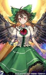 Rule 34 | arm cannon, bird wings, black wings, blouse, bow, brown hair, buttons, cape, center frills, cloud, collared shirt, commentary, control rod, frilled shirt collar, frilled skirt, frills, glowing, green bow, green skirt, hair bow, long hair, nozaki tsubata, official art, ponytail, puffy short sleeves, puffy sleeves, red eyes, reiuji utsuho, shirt, short sleeves, skirt, sky, smile, star (sky), starry sky, sun, third eye, third eye on chest, touhou, touhou cannonball, triangle print, weapon, white cape, white shirt, wings
