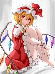 Rule 34 | 1girl, absurdres, arm ribbon, ascot, ass, bad id, bad twitter id, bare legs, barefoot, blonde hair, commentary request, crystal, flandre scarlet, full body, grey background, hair between eyes, hat, hat ribbon, highres, jan (lightdragoon), knees up, looking at viewer, mob cap, petticoat, puffy short sleeves, puffy sleeves, red eyes, red ribbon, red skirt, red vest, ribbon, shadow, shirt, short hair, short sleeves, sitting, skirt, skirt set, solo, thighs, touhou, vest, white hat, white shirt, wing collar, wings, wrist cuffs, yellow ascot