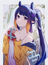 Rule 34 | 1girl, artist name, blue coat, blunt bangs, box, braid, character name, closed mouth, coat, collarbone, commentary, dress, english commentary, flower, gift, gift box, gradient eyes, gradient hair, hair flower, hair ornament, hair ribbon, happy birthday, harikoe, highres, holding, holding gift, hololive, hololive english, long hair, long sleeves, looking at viewer, mole, mole under eye, multicolored eyes, multicolored hair, ninomae ina&#039;nis, off shoulder, open clothes, open coat, orange hair, pointy ears, polka dot, purple eyes, purple flower, purple hair, raincoat, ribbon, sidelocks, signature, single bare shoulder, smile, solo, sundress, tentacle hair, two-sided coat, two-sided fabric, violet (ninomae ina&#039;nis), virtual youtuber, white dress, white ribbon, yellow coat