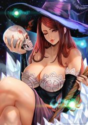 Rule 34 | 1girl, bare shoulders, breasts, cleavage, dragon&#039;s crown, highres, large breasts, long hair, one eye closed, red eyes, red hair, sitting, solo, sorceress (dragon&#039;s crown), tagme