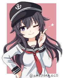 Rule 34 | 1girl, ;), akatsuki (kancolle), ame-rain, arm up, black hair, black sailor collar, hand on own hip, hat, highres, kantai collection, long sleeves, looking at viewer, neckerchief, one eye closed, purple eyes, red neckerchief, sailor collar, simple background, smile, solo, star (symbol), upper body