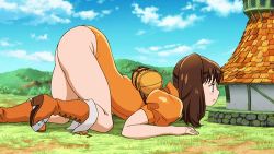 Rule 34 | 10s, 1girl, animated, animated gif, ass, bodysuit, boots, brown eyes, brown hair, diane (nanatsu no taizai), full body, giant, giantess, legs, leotard, long hair, lowres, nanatsu no taizai, seven deadly sins, solo, thighs, top-down bottom-up, twintails