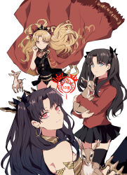 Rule 34 | 3girls, animal, armlet, black hair, black nails, black skirt, black thighhighs, blonde hair, blue eyes, bow, cape, closed mouth, comiket 103, deer, earrings, ereshkigal (fate), fate/grand order, fate/stay night, fate (series), floating hair, gold earrings, hair bow, highres, holding, holding animal, hoop earrings, ishtar (fate), jewelry, long hair, looking at viewer, miniskirt, multiple girls, multiple persona, parted bangs, parted lips, pleated skirt, red cape, red eyes, red shirt, shirt, simple background, skirt, skull, sodamachi, thighhighs, tiara, tohsaka rin, turtleneck, two side up, very long hair, white background, zettai ryouiki