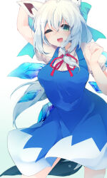 Rule 34 | 1girl, animal ears, arm up, blue dress, breasts, cirno, cirno (cosplay), commentary request, cosplay, dress, fox ears, fox girl, fox tail, fuuen (akagaminanoka), green eyes, highres, hololive, ice, ice wings, medium breasts, medium dress, one eye closed, open mouth, puffy short sleeves, puffy sleeves, shirakami fubuki, short sleeves, smile, solo, star (symbol), tail, touhou, virtual youtuber, white hair, wings