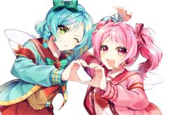 Rule 34 | 2girls, :d, aqua cardigan, aqua hair, armband, bad id, bad pixiv id, bang dream!, bow, bowtie, braid, cardigan, green bow, green eyes, green neckwear, grin, hair bow, headset, heart, heart hands, heart hands duo, heart print, hikawa hina, long hair, long sleeves, looking at viewer, maruyama aya, minori (faddy), multiple girls, one eye closed, open mouth, pink cardigan, pink eyes, pink hair, red bow, red neckwear, red skirt, sailor collar, short hair, side braids, simple background, skirt, smile, striped bow, striped bowtie, striped clothes, striped neckwear, suspenders, twintails, upper body, white background, white wings, wings, yellow bow