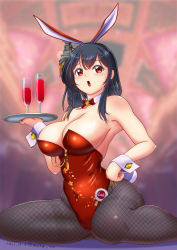 Rule 34 | 1girl, animal ears, black hair, black pantyhose, bow, bowtie, breasts, cleavage, commentary request, cup, detached collar, drinking glass, fake animal ears, feet out of frame, hair ornament, kantai collection, large breasts, leotard, looking at viewer, moke ro, one-hour drawing challenge, pantyhose, playboy bunny, rabbit ears, rabbit tail, red bow, red bowtie, red eyes, red leotard, short hair, sitting, solo, strapless, strapless leotard, tail, tray, wariza, wine glass, wrist cuffs, yamashiro (kancolle), yamashiro kai ni (kancolle)