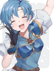 Rule 34 | 1girl, :d, ^ ^, arm up, armor, belt, black gloves, blue hair, border, breastplate, closed eyes, commentary request, eyelashes, facing viewer, fire emblem, fire emblem: the binding blade, gloves, grey background, hand up, highres, nintendo, open mouth, outside border, sakura no yoru, short hair, smile, solo, teeth, thea (fire emblem), upper body, upper teeth only, white border