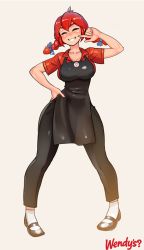 Rule 34 | 1girl, apron, bare arms, black apron, black footwear, black pants, blue eyes, blush, braid, breasts, curvy, freckles, full body, happy, hip focus, large breasts, pants, product girl, red hair, red shirt, shirt, shoes, smile, socks, teeth, thick thighs, thighs, twin braids, twintails, wendy&#039;s, wendy (wendy&#039;s), white legwear, wide hips