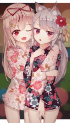 Rule 34 | 2girls, :o, ;d, absurdres, alternate costume, animal ears, azur lane, blonde hair, commentary, crossover, dog ears, fang, flower, grey hair, hair flaps, hair flower, hair ornament, hair ribbon, hairclip, highres, historical name connection, hug, hug from behind, japanese clothes, kantai collection, kemonomimi mode, kimono, long hair, looking at viewer, multiple girls, name connection, one eye closed, open mouth, pcbl, red eyes, ribbon, smile, yukata, yuudachi (azur lane), yuudachi (kancolle)