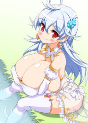Rule 34 | 1girl, ahoge, albino, antenna hair, artist request, bare shoulders, blush, breast rest, breasts, detached collar, detached sleeves, earrings, feet in water, frills, ghost crystal, hair ornament, huge breasts, jewel princess, jewelry, long hair, looking at viewer, oppai loli, outdoors, red eyes, ribbon, skindentation, smile, thighhighs, white hair