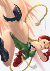 Rule 34 | 1girl, ahoge, ass, bare shoulders, beret, black footwear, blonde hair, blue eyes, boots, braid, breasts, cammy white, capcom, covered navel, cross-laced footwear, curvy, fingerless gloves, flying kick, gloves, green leotard, hat, highleg, highleg leotard, highres, huge ahoge, huge ass, kicking, knee boots, lace-up boots, large breasts, leotard, long hair, looking at viewer, mhk (mechamania), open mouth, pouch, red gloves, red hat, ribbed leotard, shiny skin, solo, street fighter, thigh strap, thighs, twin braids, very long hair