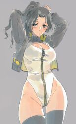 Rule 34 | 1girl, alice gear aegis, arms up, black eyes, black hair, black jacket, black thighhighs, blush, breasts, cleavage, cleavage cutout, closed mouth, clothing cutout, grey background, heattech leotard, highleg, highleg leotard, jacket, leotard, long hair, long sleeves, looking at viewer, looking back, medium breasts, ponytail, simple background, solo, suzumaru, thighhighs, turtleneck, white leotard, yamano kaoruko, zipper pull tab
