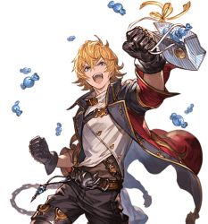 Rule 34 | 1boy, arm up, blonde hair, blue eyes, candy, clenched hands, cowboy shot, feather (granblue fantasy), flipped hair, food, granblue fantasy, jacket, male focus, minaba hideo, official art, open clothes, open jacket, open mouth, pants, shirt, smile, solo, transparent background, upper body, white day, white shirt, wrapped candy