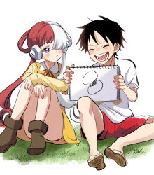 Rule 34 | 1boy, 1girl, absurdres, aged down, artist request, ass, bare legs, black hair, blush, dress, fetal position, grass, hair rings, happy, hat, headphones, highres, long hair, monkey d. luffy, multicolored hair, one piece, one piece film: red, red hair, short hair, shorts, simple background, sitting, sketch, sketchbook, smile, straw hat, two-tone hair, uta (one piece), very long hair, white dress, yellow dress