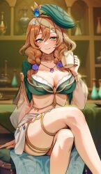 Rule 34 | 1girl, adapted costume, beret, blush, book, breasts, brown hair, cleavage, coffee mug, crossed legs, cup, flower, foxyreine, genshin impact, green eyes, green hat, hair flower, hair ornament, hat, highres, index finger raised, jewelry, large breasts, lisa (a sobriquet under shade) (genshin impact), lisa (genshin impact), long sleeves, looking at viewer, medium hair, midriff, mug, neck ring, necklace, official alternate costume, parted lips, sitting, smile, solo, thighlet, thighs, vision (genshin impact)