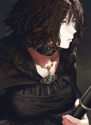 Rule 34 | 1girl, bandages, black dress, black hair, breasts, choker, cloak, close-up, commentary, dark background, demon&#039;s souls, dress, grey eyes, highres, holding, holding staff, hood, hooded cloak, jewelry, jun (navigavi), long sleeves, maiden in black, necklace, short hair, solo, staff, symbol-only commentary
