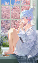 Rule 34 | 1girl, absurdres, alternate costume, alternate hairstyle, ayaka (genshin impact), bare shoulders, barefoot, blue eyes, blue hair, blunt bangs, blurry, blush, book, cherry blossoms, cookie, cup, depth of field, drinking glass, feet, food, genshin impact, hair bun, hair ornament, highres, knees up, legs, light blue hair, pillow, plant, potted plant, resolution mismatch, shirt, sitting in window, source smaller, sssong aa, tassel, tassel hair ornament, thighs, toes, white shirt