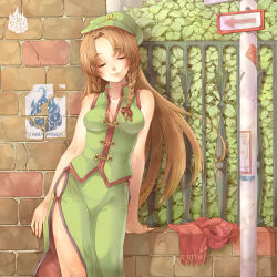Rule 34 | 1girl, alternate hair color, braid, breasts, brown hair, china dress, chinese clothes, cleavage, dress, closed eyes, female focus, hat, highres, hong meiling, long hair, pole, poster (medium), ribbon, rojiko, scarf, solo, star (symbol), touhou, twin braids, wall