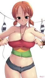 Rule 34 | 1girl, adjusting clothes, arm tattoo, bangle, bare shoulders, black eyes, bracelet, breasts, cleavage, closed mouth, clothesline, collarbone, commentary, cowboy shot, crop top, cutoffs, gluteal fold, highres, jewelry, kasai shin, large breasts, log pose, looking at viewer, low twintails, nami (one piece), navel, one piece, one piece: strong world, open fly, orange hair, parted bangs, short twintails, shorts, signature, simple background, solo, sweat, tattoo, thighs, twintails, white background