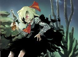 Rule 34 | 1girl, blonde hair, cactus, clenched teeth, embodiment of scarlet devil, female focus, gun, holding, holding gun, holding weapon, night, nyararuto, plant, rumia, solo, teeth, touhou, trigger discipline, weapon