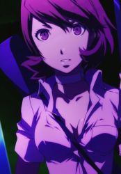 Rule 34 | 1girl, atlus, between breasts, breasts, brown eyes, brown hair, choker, cleavage, collarbone, looking at viewer, medium breasts, parted lips, persona, persona 3, persona 3 the movie, screencap, short hair, solo, stitched, strap between breasts, takeba yukari, third-party edit, upper body
