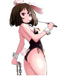 Rule 34 | 1girl, alternate costume, animal ears, ass, bare arms, bare legs, bare shoulders, breasts, brown hair, carrot necklace, chain, from side, inaba tewi, leotard, looking at viewer, necklace, playboy bunny, rabbit ears, rabbit girl, rabbit tail, red eyes, simple background, small breasts, solo, standing, tail, torso (hjk098), touhou, whip, white background, wrist cuffs