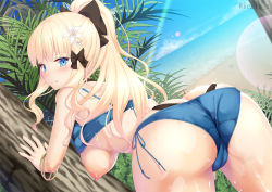 Rule 34 | 1girl, ass, bare shoulders, bent over, bikini, black bow, blonde hair, blush, bow, breasts, cameltoe, cleft of venus, elf, flower, green bikini, hair bow, hair flower, hair ornament, ichio, large breasts, layered bikini, long hair, looking at viewer, looking back, nipples, pointy ears, princess connect!, saren (princess connect!), saren (summer) (princess connect!), smile, solo, swimsuit, thighs