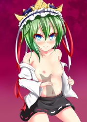 Rule 34 | 1girl, absurdres, blue eyes, blush, grabbing another&#039;s breast, breasts, collarbone, grabbing, green hair, guided breast grab, guiding hand, hand on another&#039;s chest, hat, highres, kneeling, looking at viewer, miniskirt, mochizuki hull, nipples, open clothes, purple background, shiki eiki, short hair, skirt, small breasts, solo focus, star-shaped pupils, star (symbol), symbol-shaped pupils, touhou