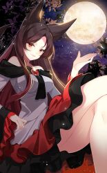Rule 34 | 1girl, animal ears, bare shoulders, black scarf, brown hair, crossed legs, dress, frilled dress, frilled sleeves, frills, full moon, gem, grey dress, imaizumi kagerou, layered dress, leaf, long hair, long sleeves, moon, night, night sky, off-shoulder dress, off shoulder, official art, open mouth, orange eyes, outstretched hand, red gemstone, roh nam kyung, scarf, short dress, single sidelock, sitting, sky, smile, third-party source, touhou, touhou cannonball, tree, wide sleeves, wolf ears