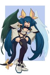 Rule 34 | 1girl, angel wings, asymmetrical wings, bare shoulders, belt, black panties, black thighhighs, blue background, blue hair, border, breasts, cleavage, clothes pull, collarbone, detached sleeves, dizzy (guilty gear), full body, guilty gear, guilty gear xrd, hair ribbon, hair rings, highres, large breasts, long hair, looking down, mature female, monster girl, navel, panties, pulling own clothes, red eyes, ribbon, sidelocks, skindentation, smgold, solo, tail, tail ornament, tail ribbon, thick thighs, thigh strap, thighhighs, thighhighs pull, thighs, twintails, twitter username, underwear, white border, wings, yellow ribbon