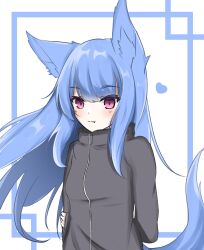 Rule 34 | 1girl, absurdres, animal ear fluff, animal ears, arm behind back, arm grab, black jacket, blue background, blue hair, blush, breasts, closed mouth, commentary request, fang, fang out, floating hair, fox ears, fox girl, fox tail, heart, highres, jacket, kuronagi (mitora uwu), long hair, looking at viewer, original, purple eyes, small breasts, smile, solo, tail, track jacket, two-tone background, upper body, very long hair, white background