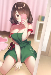 Rule 34 | 1girl, apron, bare shoulders, between legs, blurry, blurry background, blush, bow, breasts, brown eyes, brown hair, cellphone, cleavage, collarbone, depth of field, green apron, hair ornament, hair scrunchie, hand between legs, highres, holding, holding phone, indoors, large breasts, long hair, low twintails, mirror, naked apron, on floor, original, phone, pokachu, red bow, reflection, scrunchie, selfie, sitting, smartphone, solo, strap slip, taking picture, twintails, wariza, wooden floor