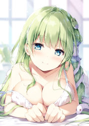 Rule 34 | 1girl, bare arms, bare shoulders, blue eyes, blush, bra, breasts, collarbone, commentary request, flower pot, frog hair ornament, green hair, hair ornament, hair tubes, head tilt, indoors, kochiya sanae, large breasts, long hair, looking at viewer, lying, miyase mahiro, on stomach, plant, potted plant, shadow, sidelocks, smile, snake hair ornament, solo, strap slip, touhou, underwear, white bra, window