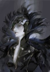 Rule 34 | 1girl, absurdres, black feathers, black lips, black theme, brown eyes, cape, colored skin, eyeliner, eyeshadow, feather trim, feathers, helmet, highres, lips, lipstick, looking at viewer, makeup, nishihara isao, original, solo, white skin