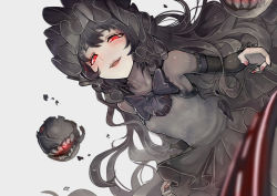 Rule 34 | 10s, 1girl, abyssal ship, black dress, black hair, blush, bow, breasts, commentary request, dress, gothic lolita, half-closed eyes, hat, isolated island oni, kantai collection, lolita fashion, long hair, looking at viewer, open mouth, red eyes, small breasts, solo, very long hair, walzrj