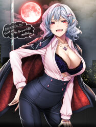 Rule 34 | 1girl, aged up, alternate costume, black jacket, blue hair, breasts, city, clothes on shoulders, commission, contemporary, cowboy shot, fang, full moon, hair ornament, highres, jacket, jacket on shoulders, jewelry, large breasts, looking at viewer, mitama mudimudi, moon, necklace, night, night sky, office lady, open mouth, pointy ears, red eyes, red moon, remilia scarlet, shirt, skeb commission, sky, smile, solo, touhou, white shirt, wing hair ornament